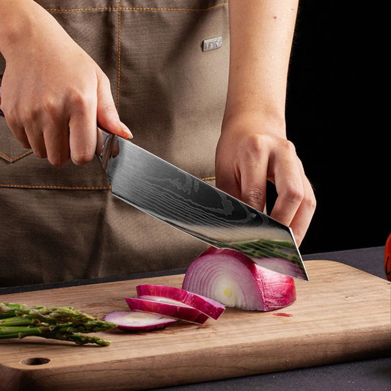 Japanese Knife Set Laser Damascus Pattern Sharp Kitchen Knives Santoku Cleaver Meat Fish Slicing Knife Utility Chef Cooking Tool