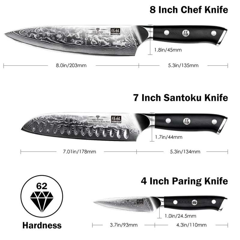 SHAN ZU Chef Knife Set,3 PCS Professional Sharp 8" Chefs Knife 7" Santoku Knife 3.75" Fruit Knife Damascus Kitchen Knife Set